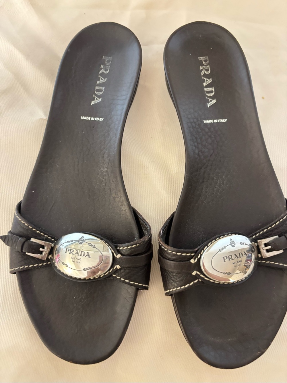 Prada Black Leather Slide Mules with Silver Logo Medallions - Picture 2 of 5
